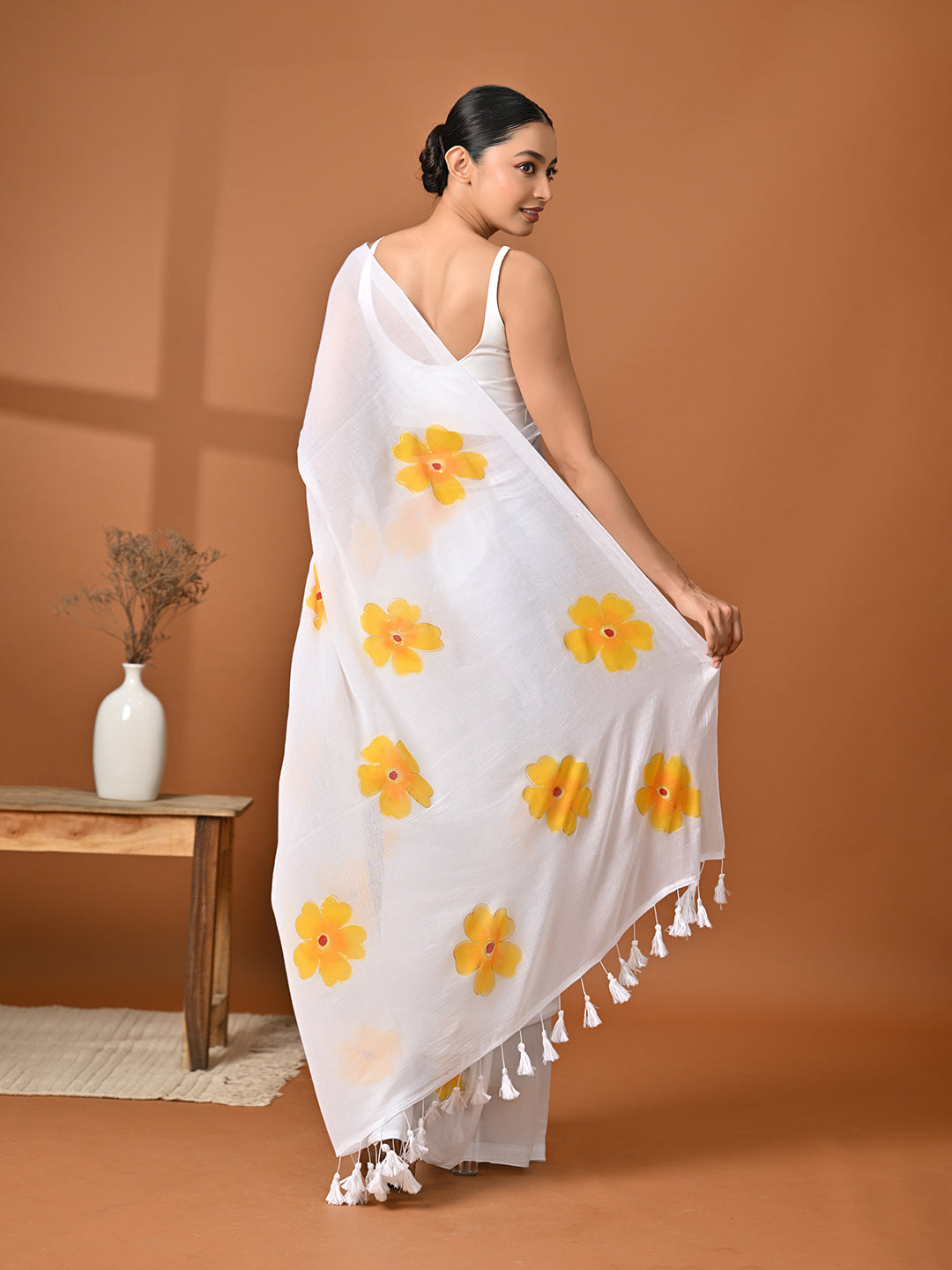 Hand Painted White Mulmul Cotton Saree