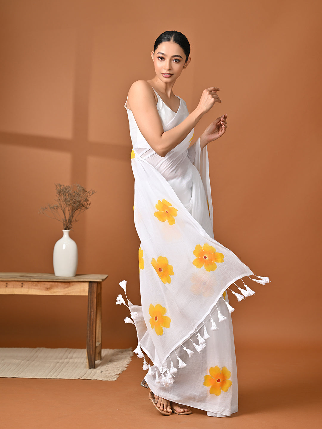 Hand Painted White Mulmul Cotton Saree