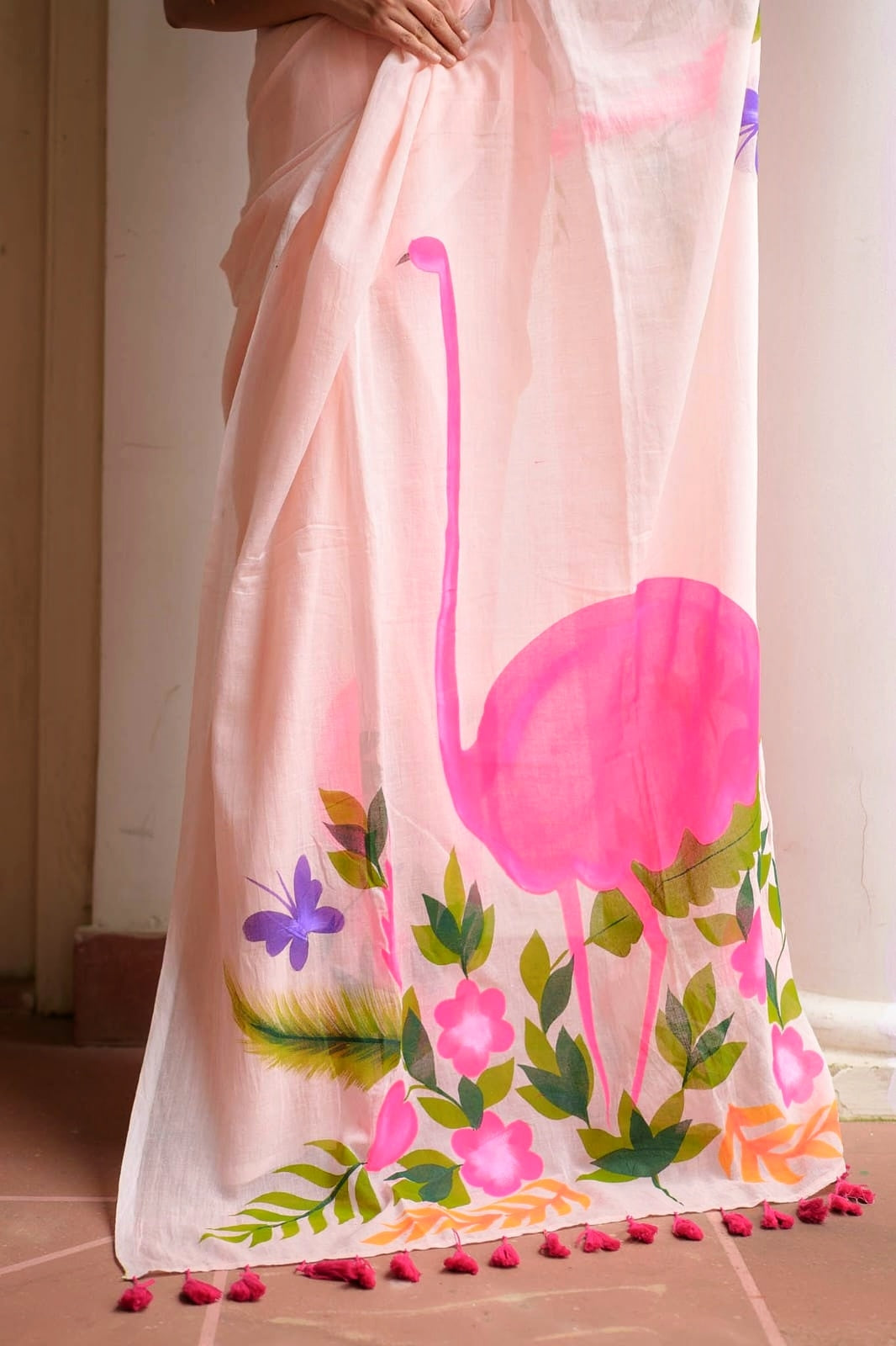 Hand Painted Flamingo Mulmul Cotton Saree