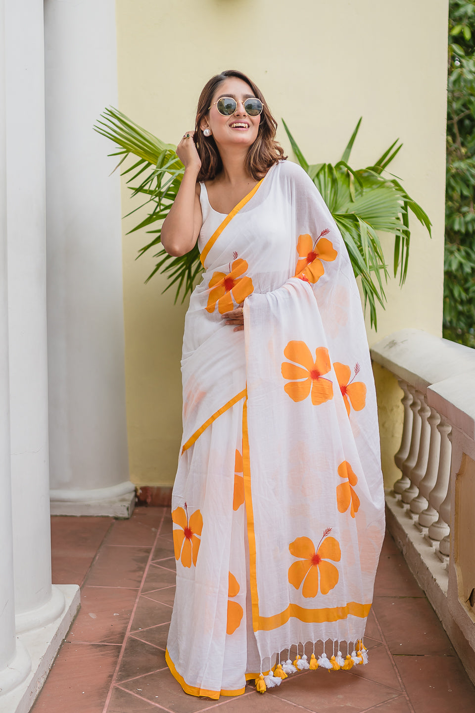 Hibiscus Hand Painted Mulmul Cotton Saree