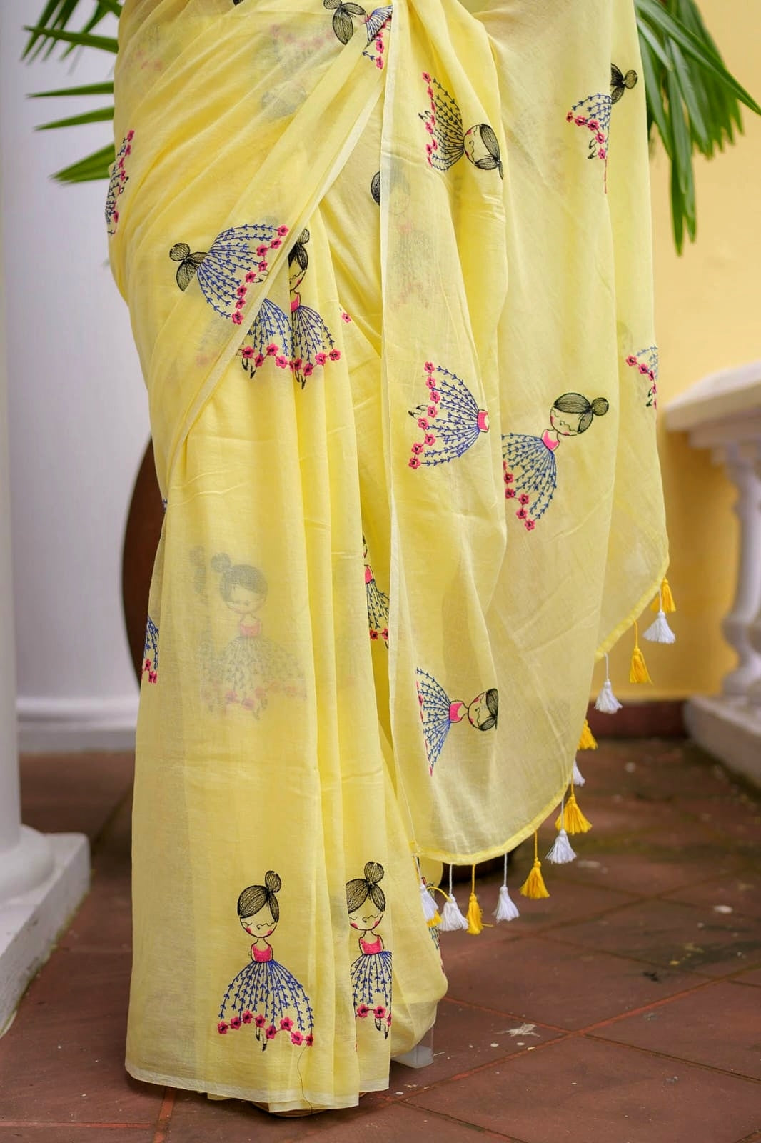 Yellow Embroidery Mulmul Cotton Saree