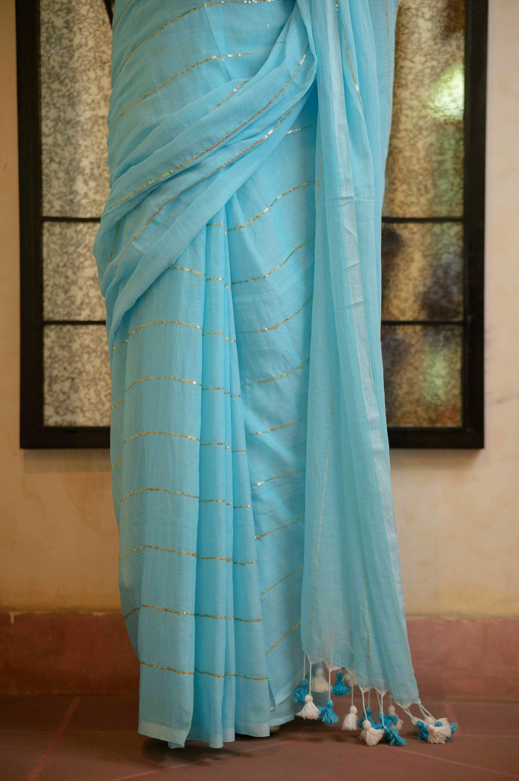 Sky Blue Sequined Mulmul Cotton Saree