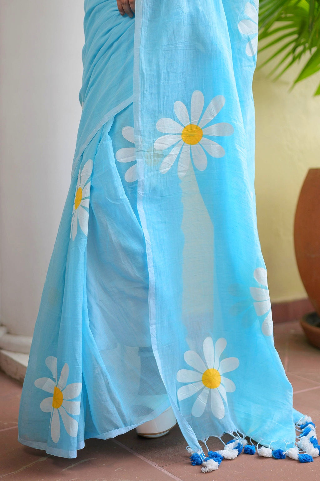 Sky Blue Hand Painted Mulmul Cotton Saree