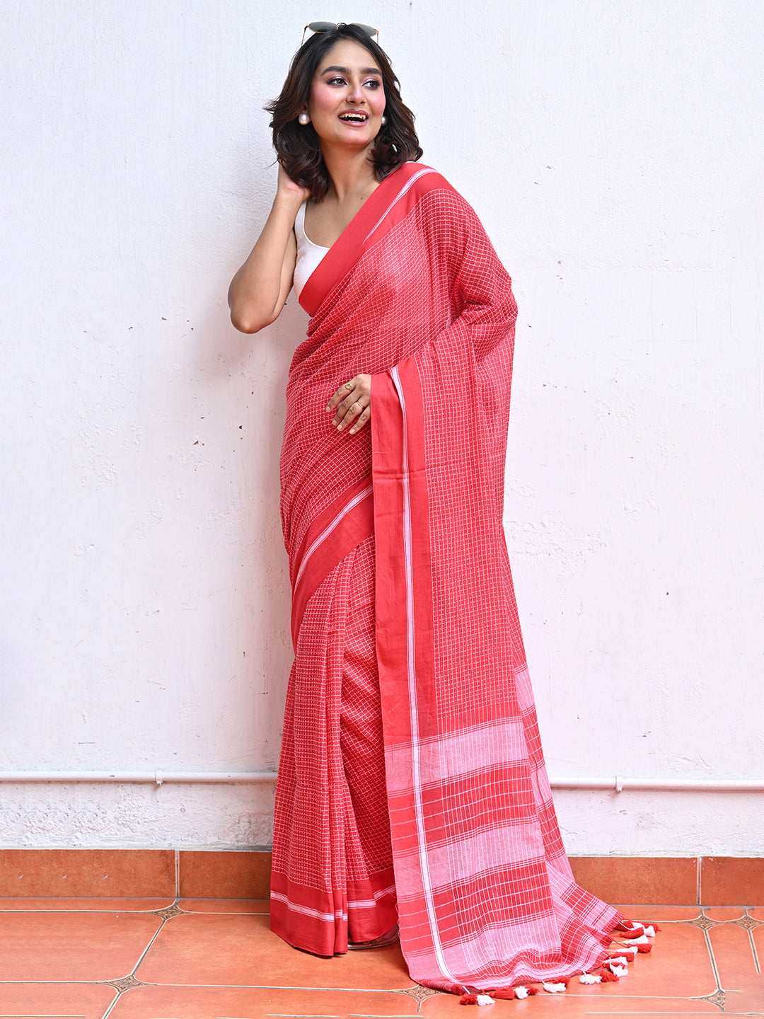 Red Check Mulmul Cotton Saree