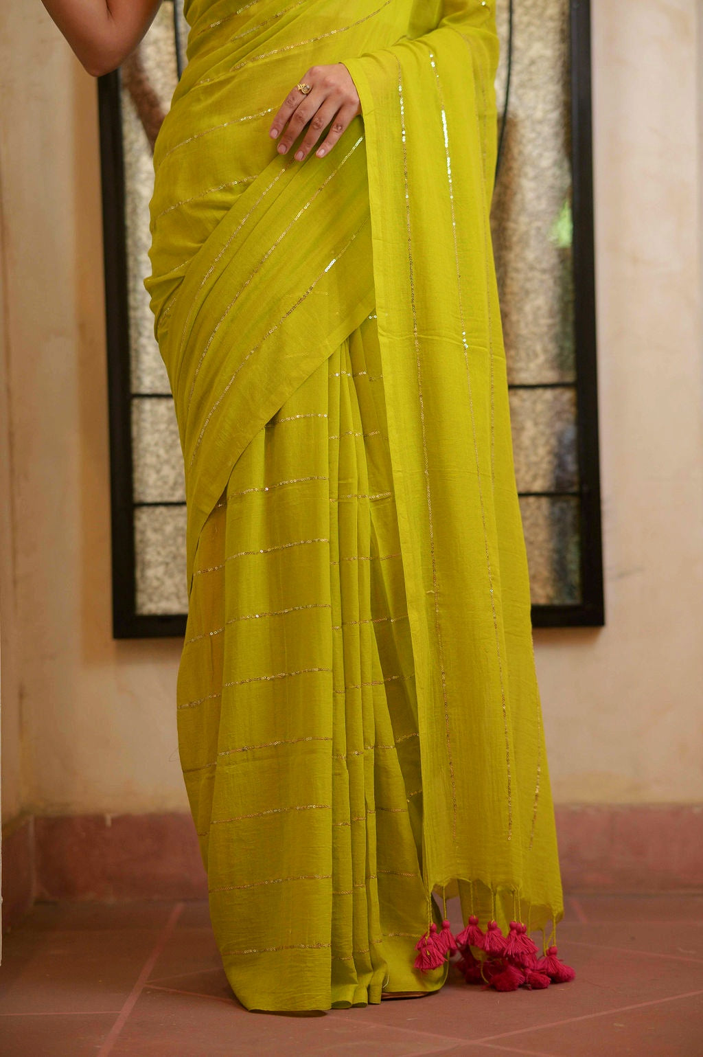 Lime Green Sequined Mulmul Cotton Saree