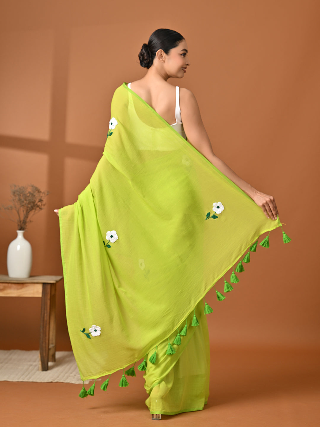 Green Embroidered Mulmul Cotton Saree