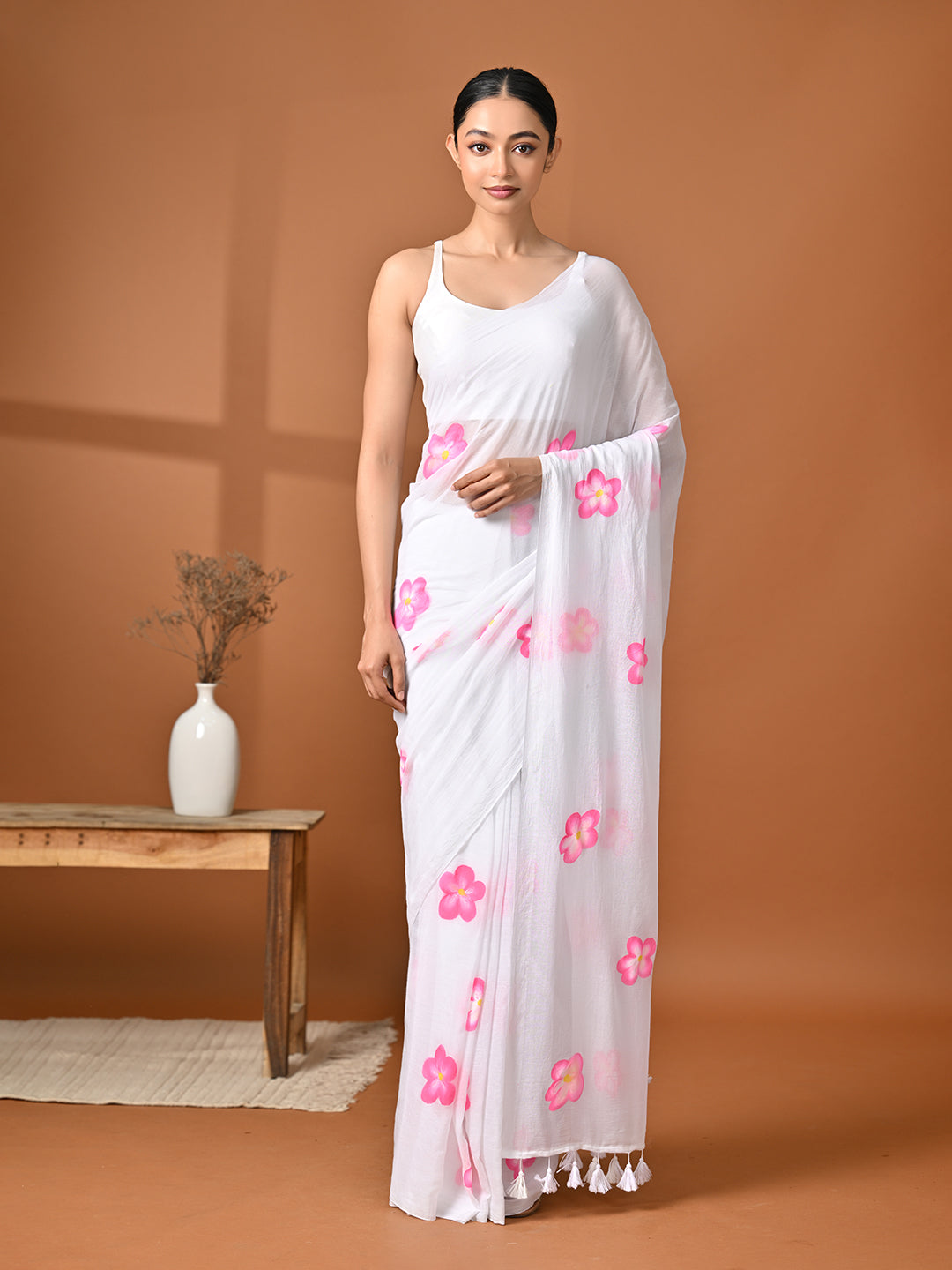 Hand Painted White Mulmul Cotton Saree