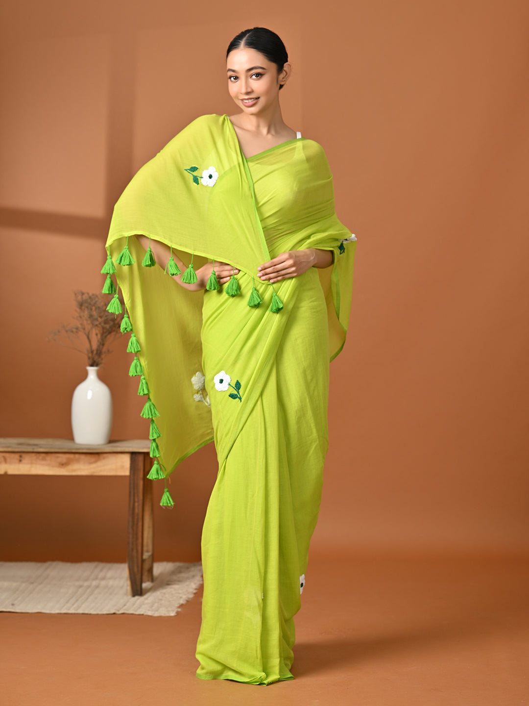 Green Embroidered Mulmul Cotton Saree