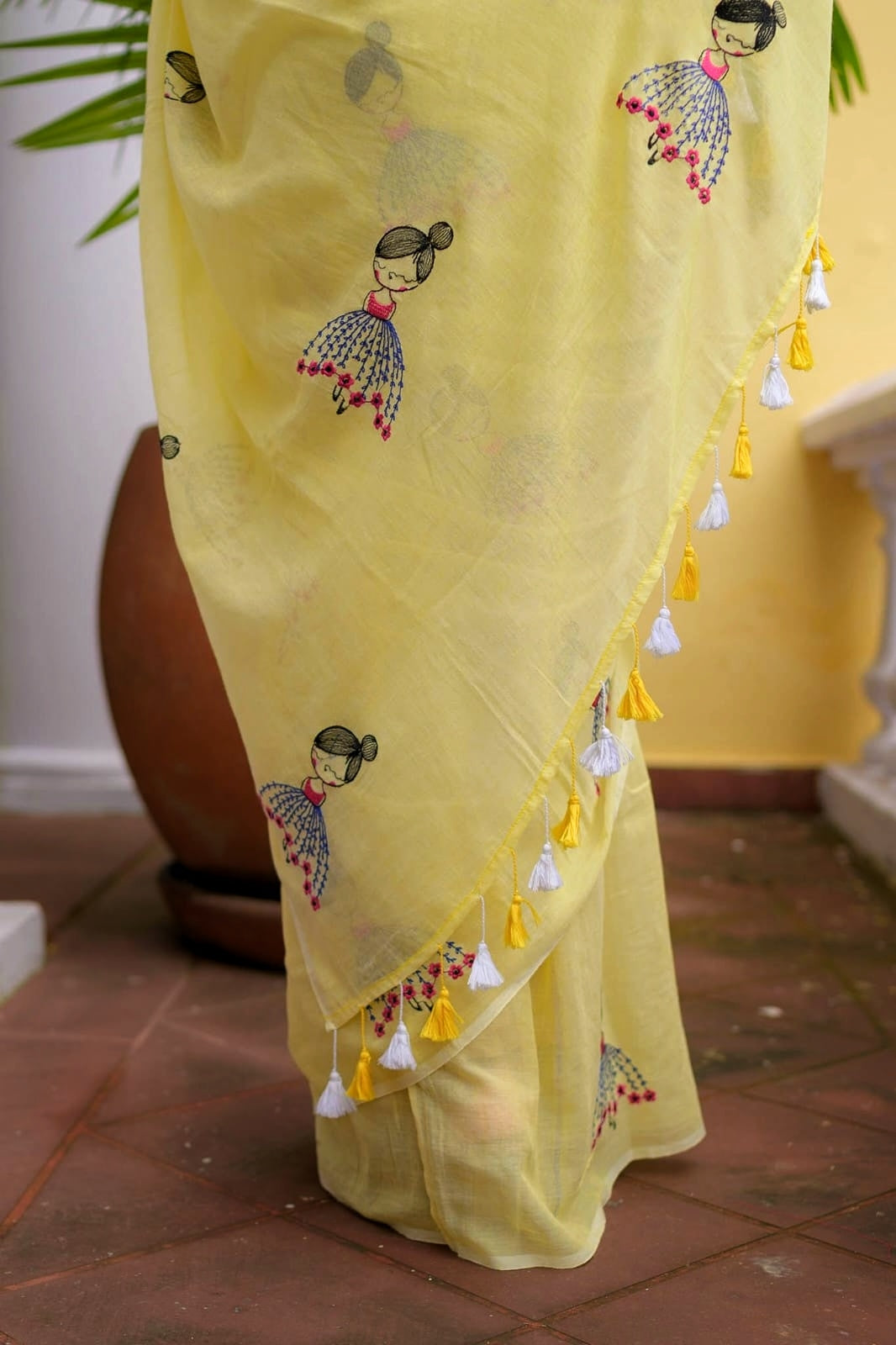 Yellow Embroidery Mulmul Cotton Saree