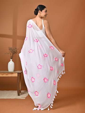 Hand Painted White Mulmul Cotton Saree