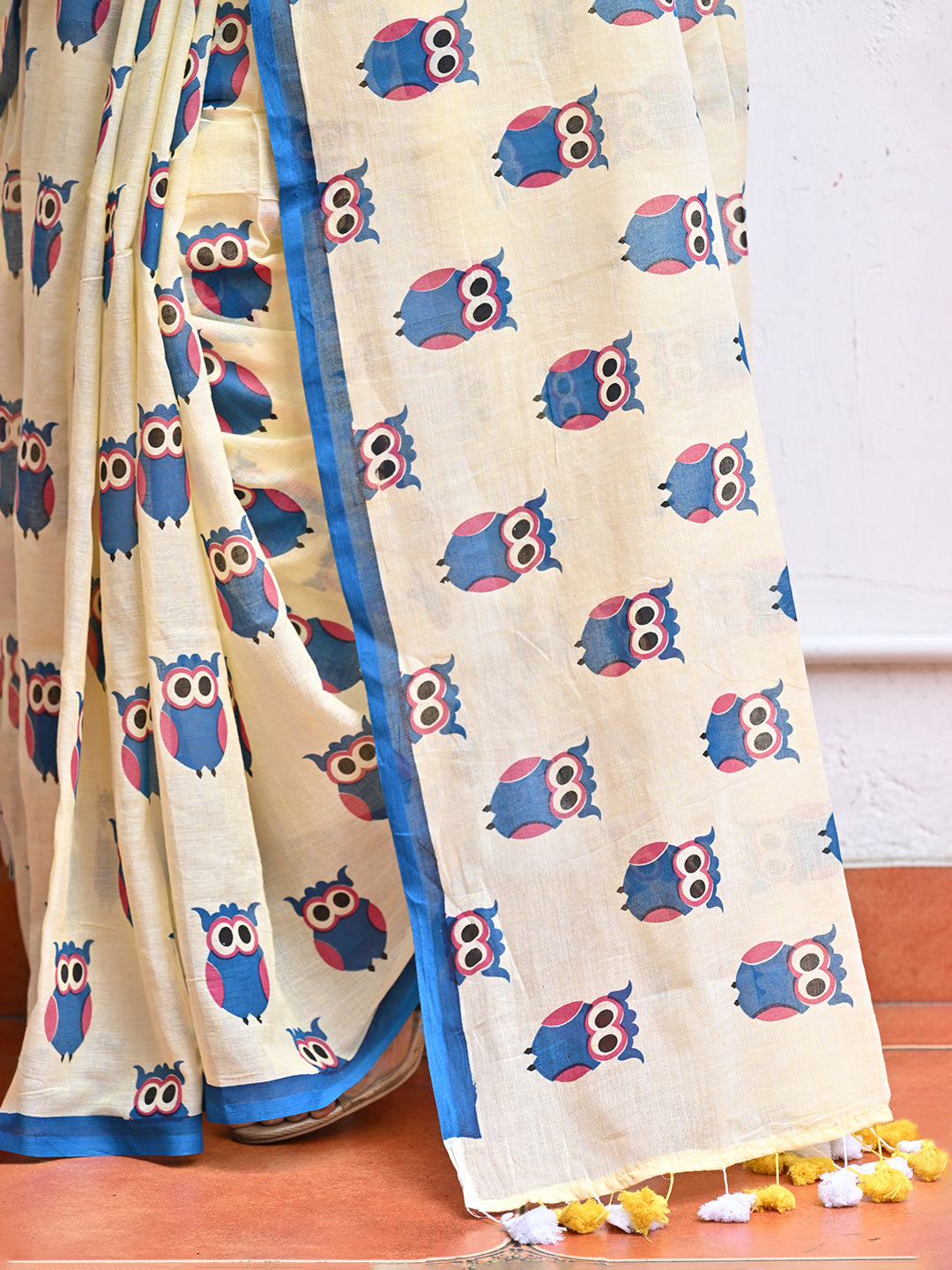 Yellow Owl Mulmul Cotton Saree