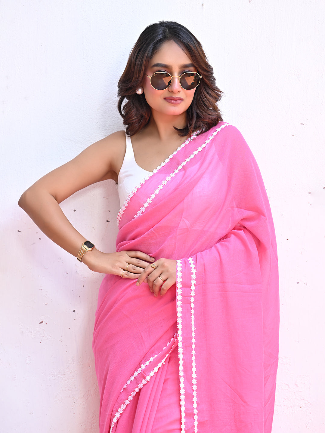 Pink Mulmul Cotton Saree