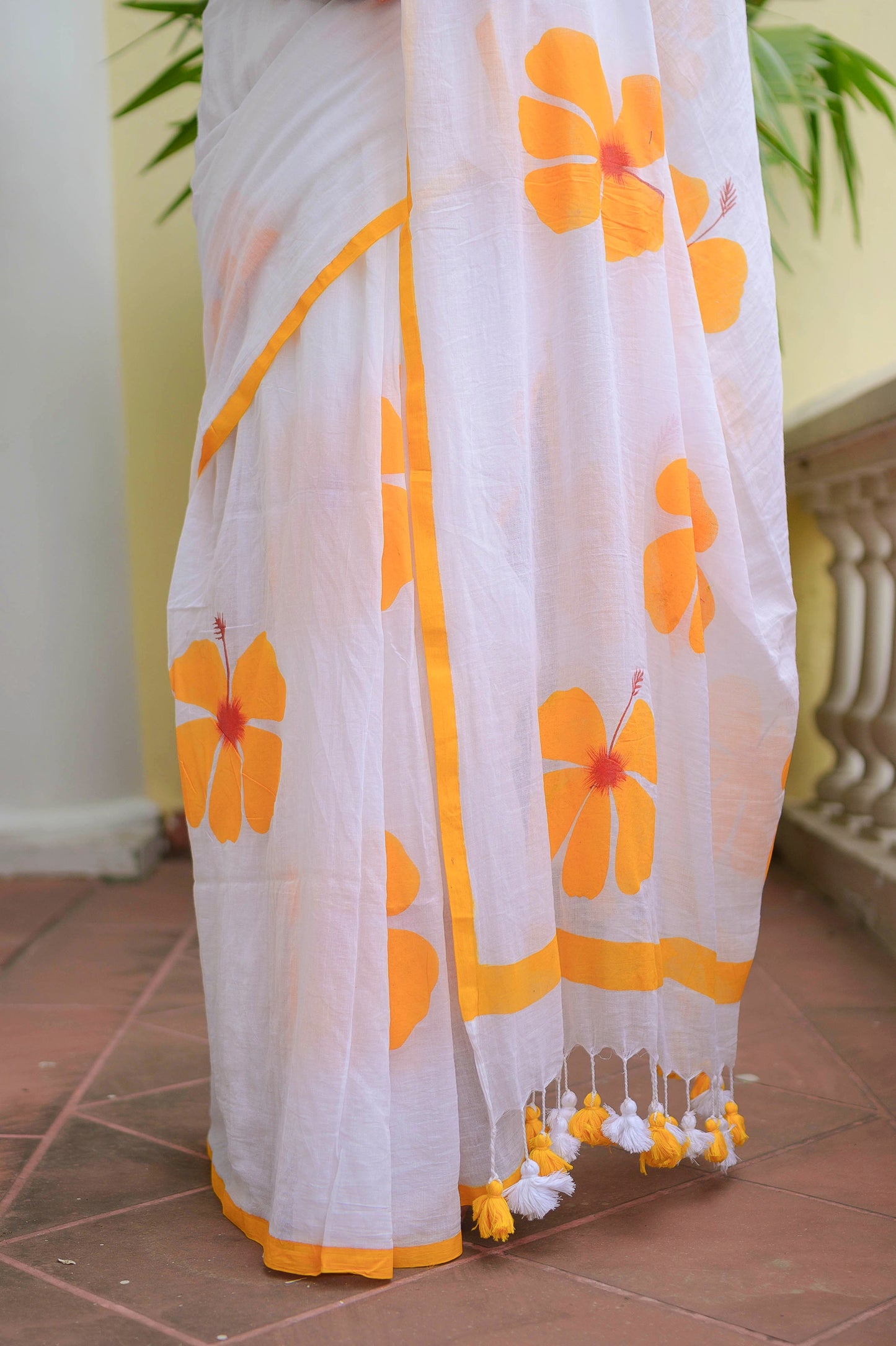 Hibiscus Hand Painted Mulmul Cotton Saree