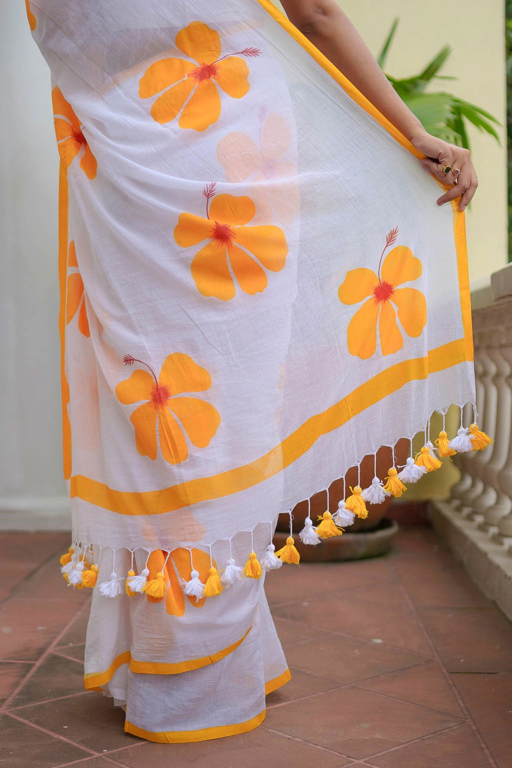 Hibiscus Hand Painted Mulmul Cotton Saree