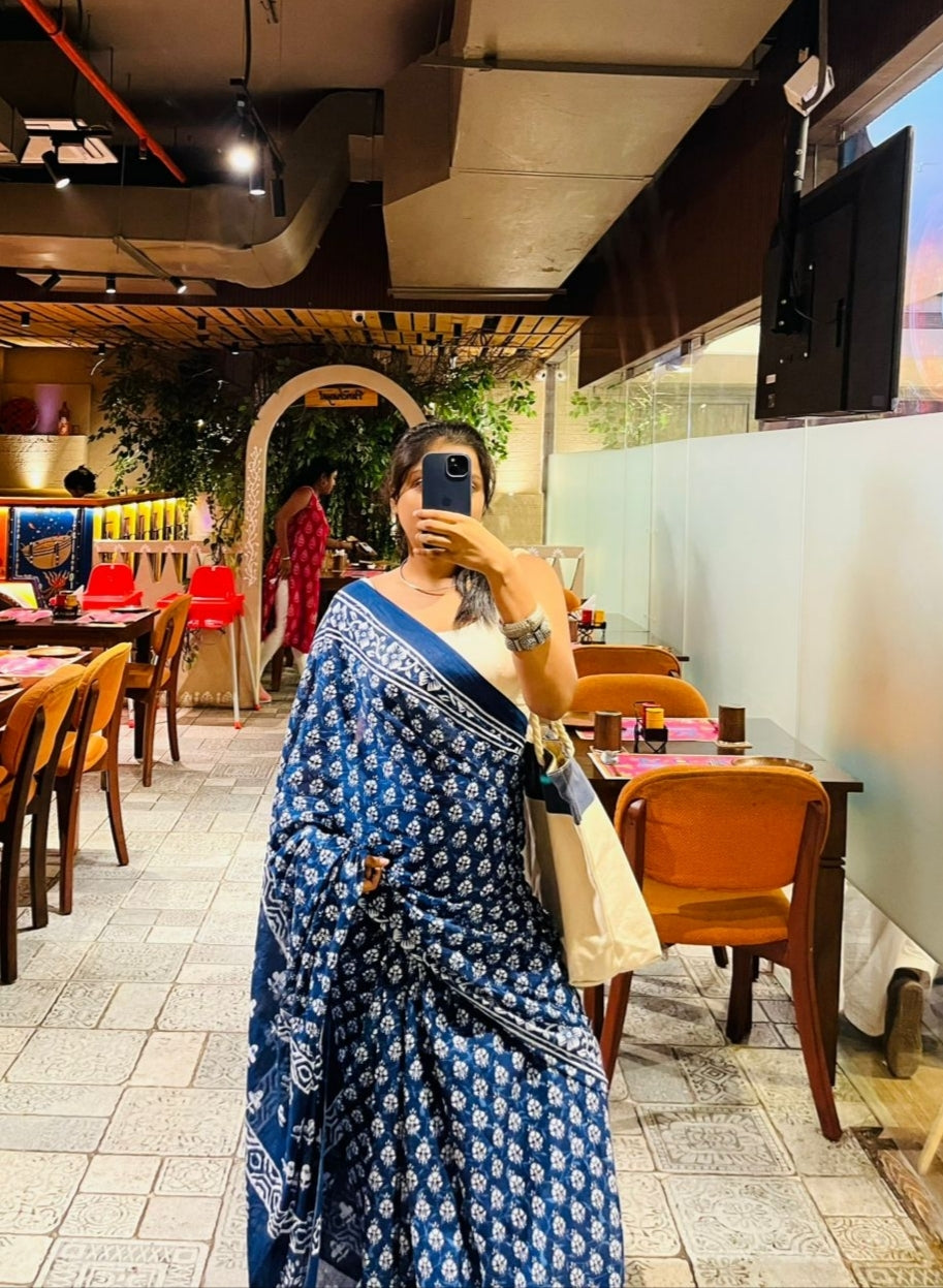 Indigo Block Print Cotton Saree