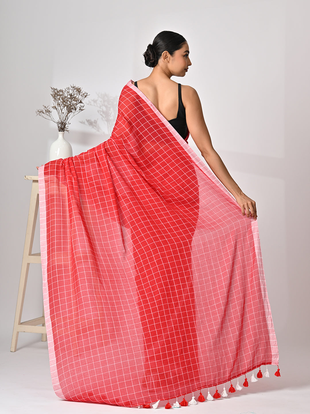 Red Mulmul Cotton Saree