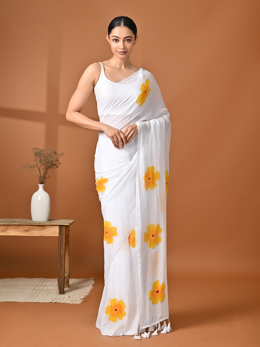 Hand Painted White Mulmul Cotton Saree