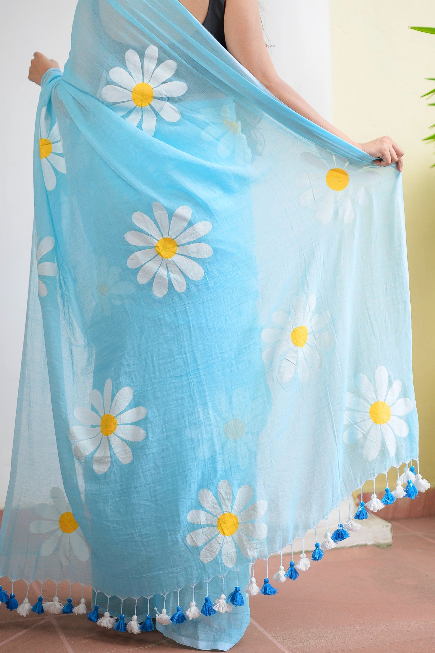 Sky Blue Hand Painted Mulmul Cotton Saree