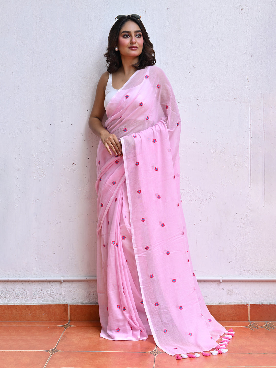 Pink Flower Mulmul Cotton Saree
