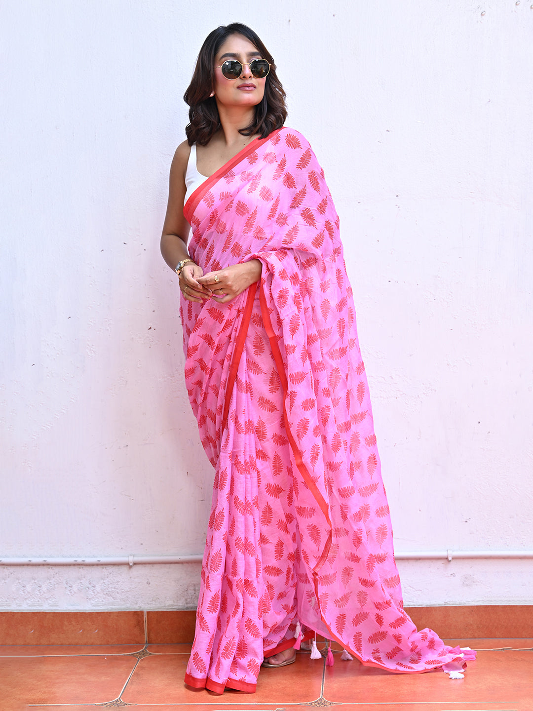 Pink Mulmul Cotton Saree