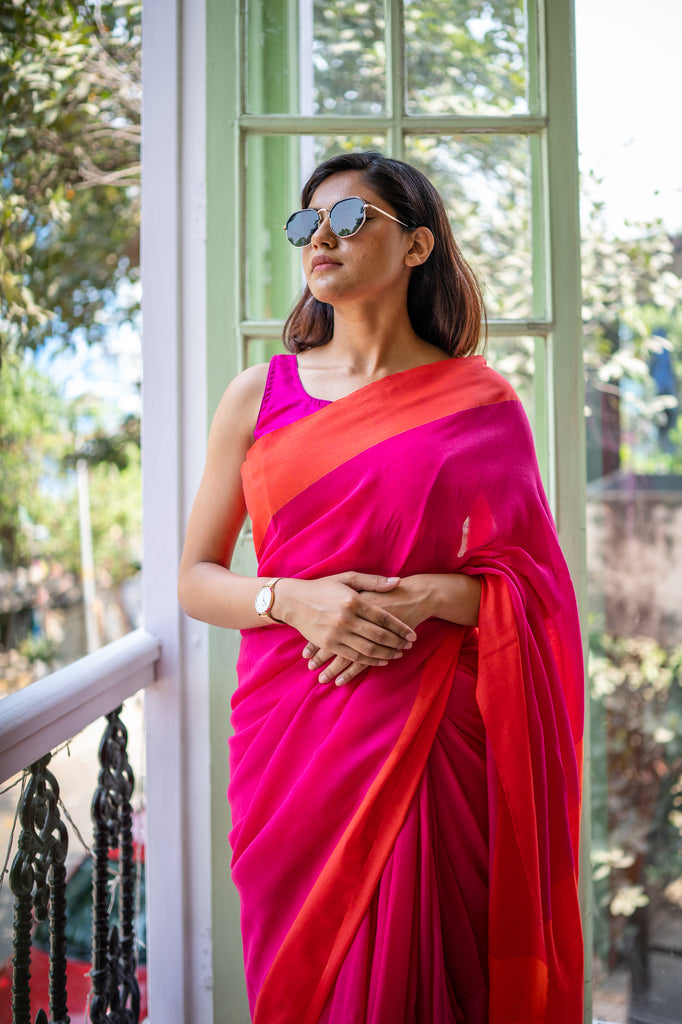 Pink Orange Soft Cotton Saree
