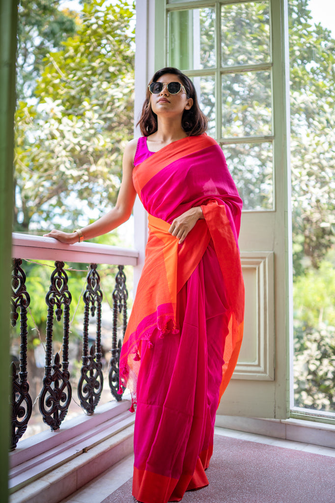 Pink Orange Soft Cotton Saree