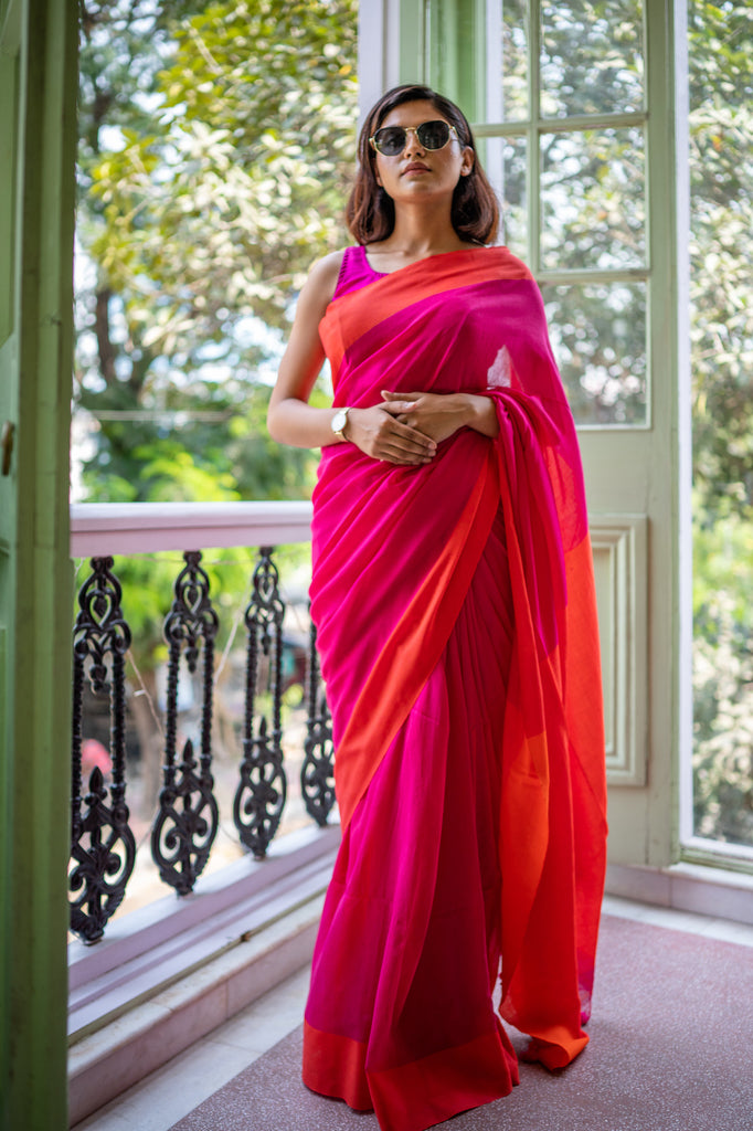 Pink Orange Soft Cotton Saree