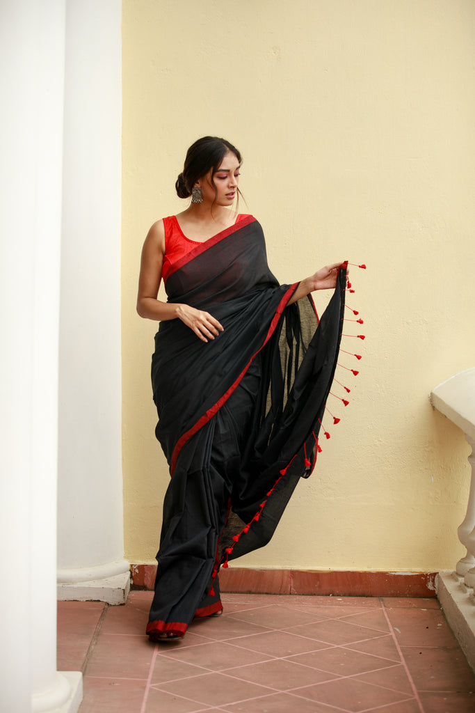 Black Red Mulmul Cotton Saree