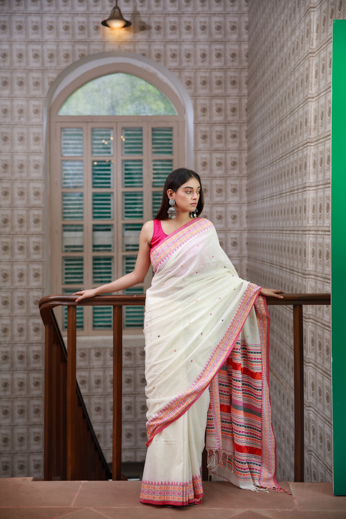 White Handwoven Dongria Khadi Cotton Saree
