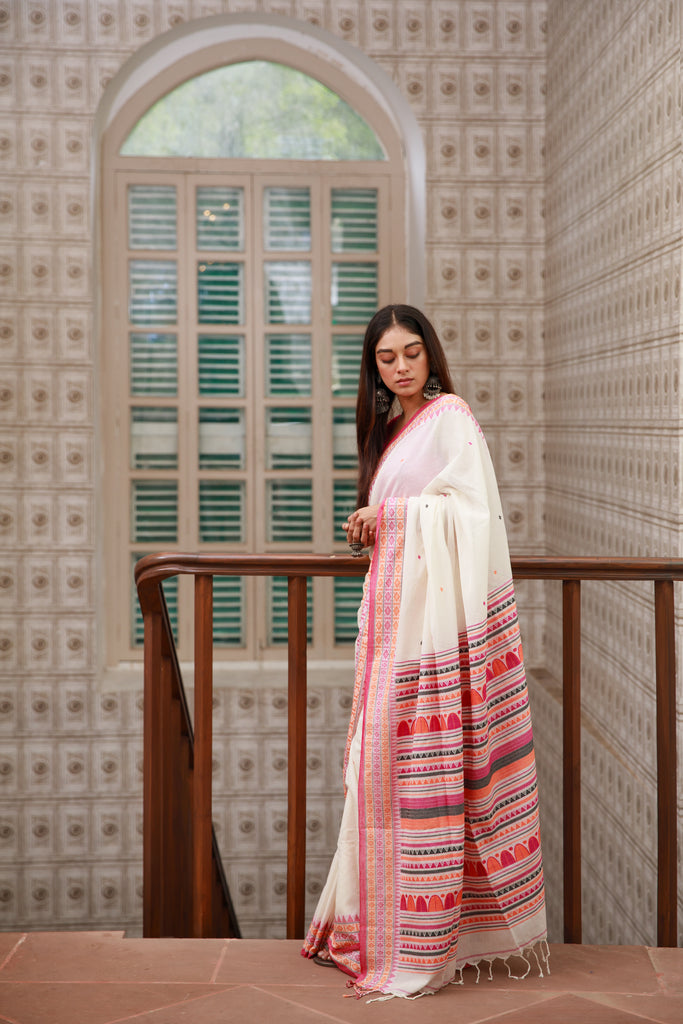 White Handwoven Dongria Khadi Cotton Saree