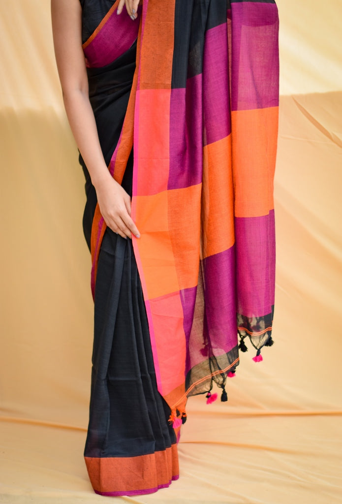 Ink Black Soft Cotton Saree