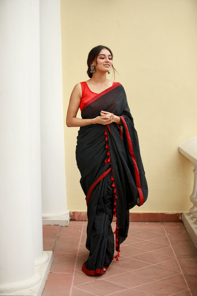 Black Red Mulmul Cotton Saree