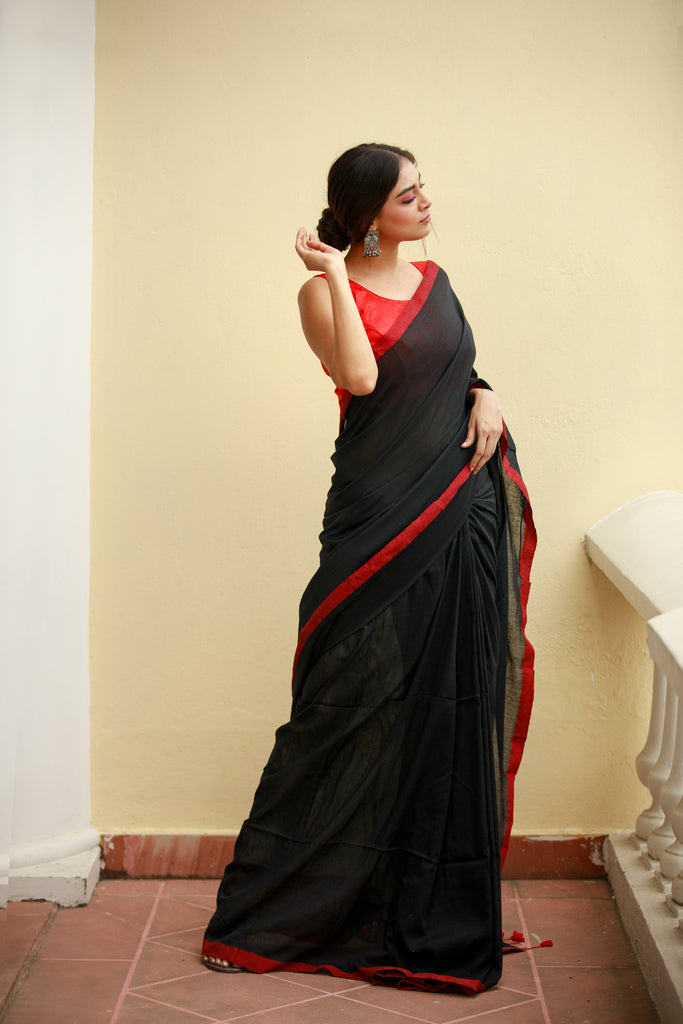 Black Red Mulmul Cotton Saree