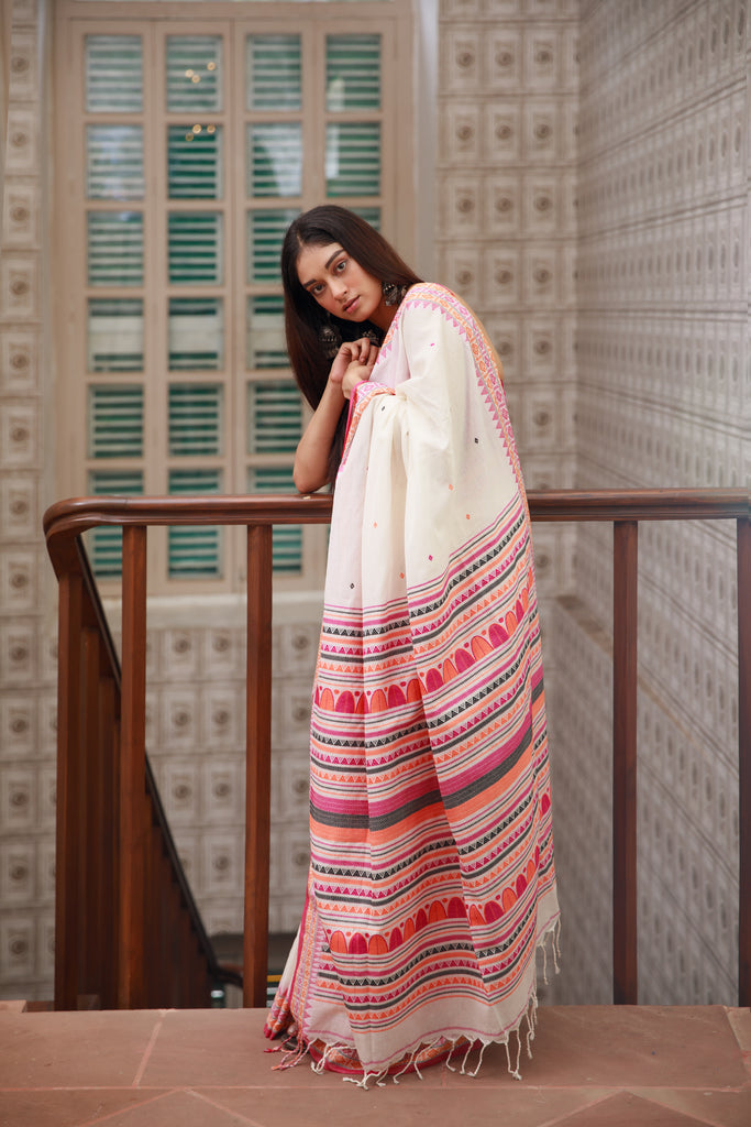 White Handwoven Dongria Khadi Cotton Saree