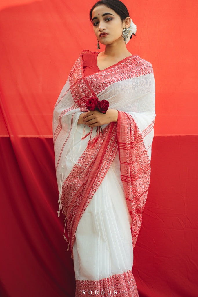 White Red Cotton Saree