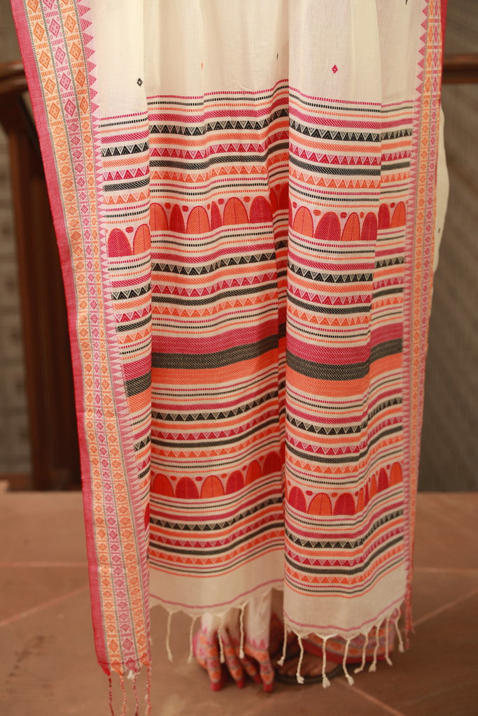 White Handwoven Dongria Khadi Cotton Saree
