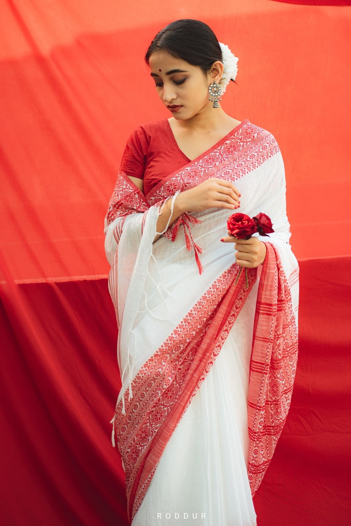 White Red Cotton Saree