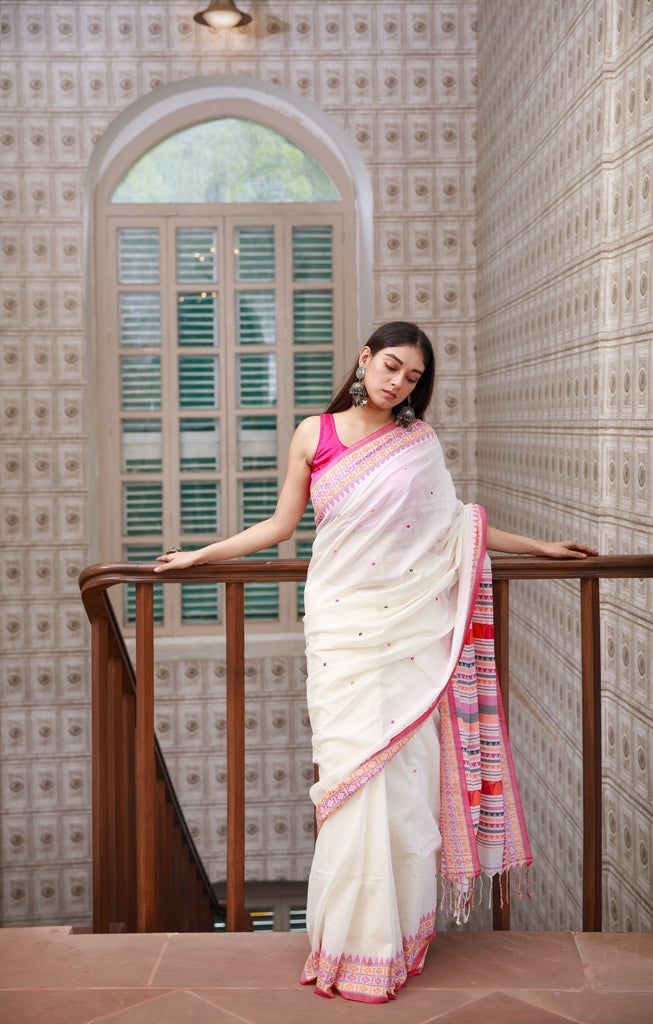 White Handwoven Dongria Khadi Cotton Saree