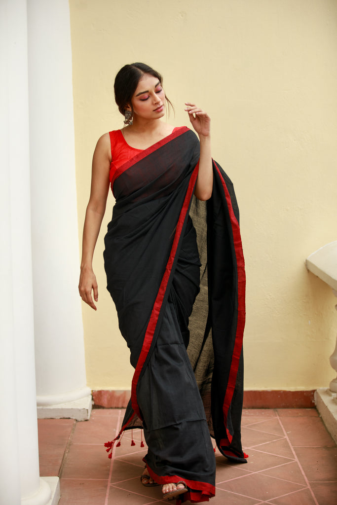 Black Red Mulmul Cotton Saree