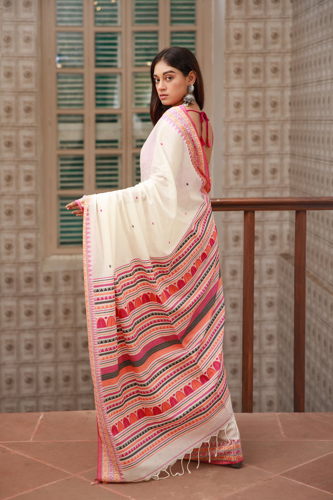 White Handwoven Dongria Khadi Cotton Saree