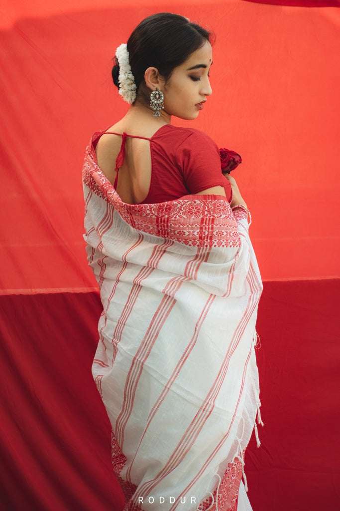 White Red Cotton Saree