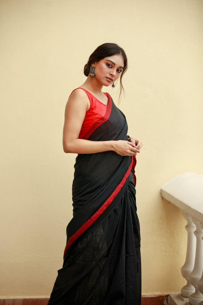 Black Red Mulmul Cotton Saree