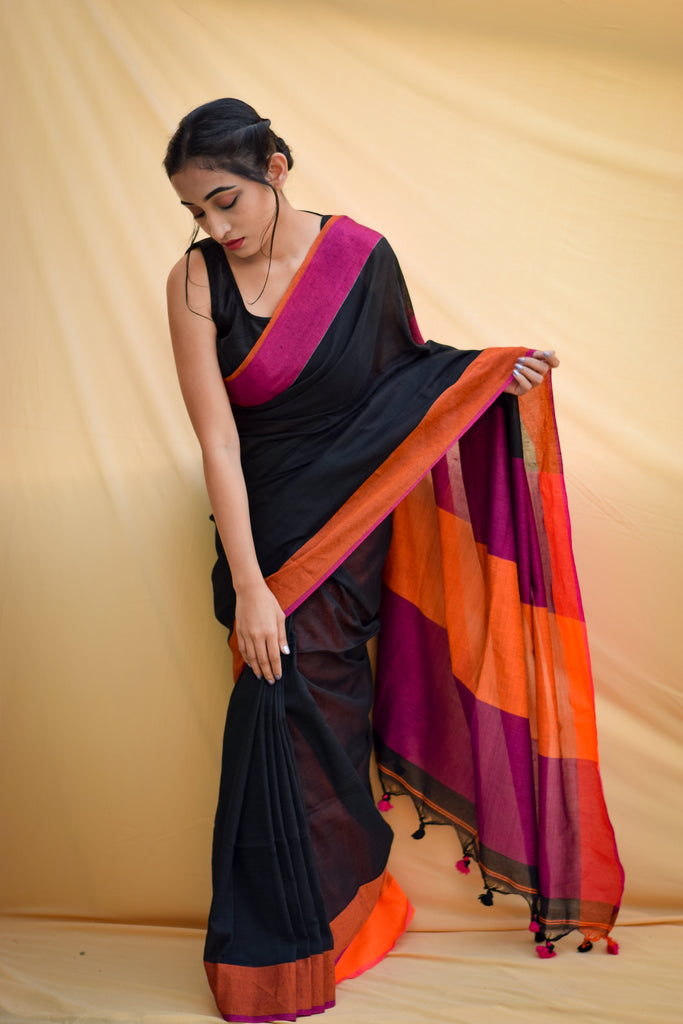 Ink Black Soft Cotton Saree