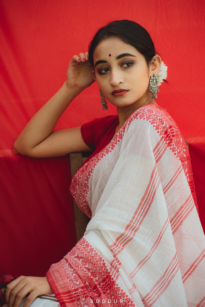 White Red Cotton Saree