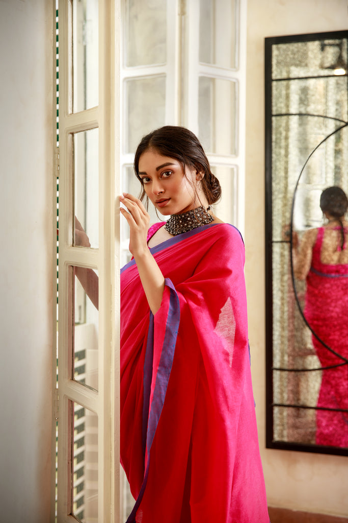 Pink Blue Soft Cotton Saree