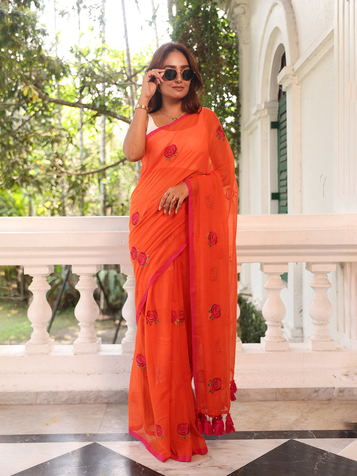 Orange Pink Rose Mulmul Cotton Saree