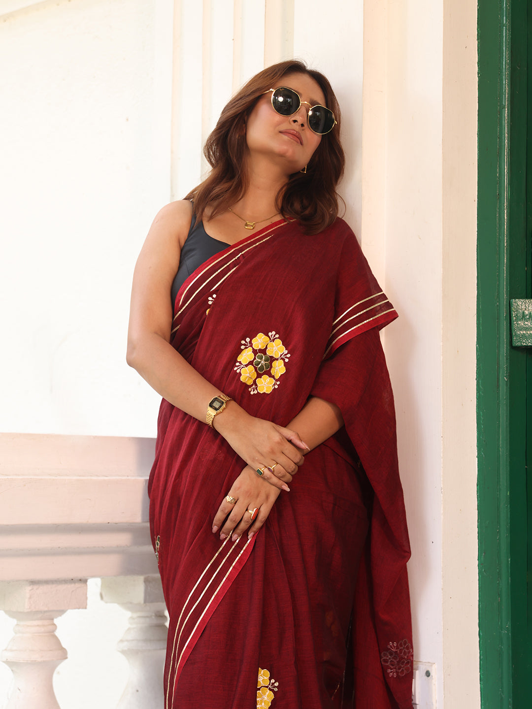 Brown Flower Mulmul Cotton Saree