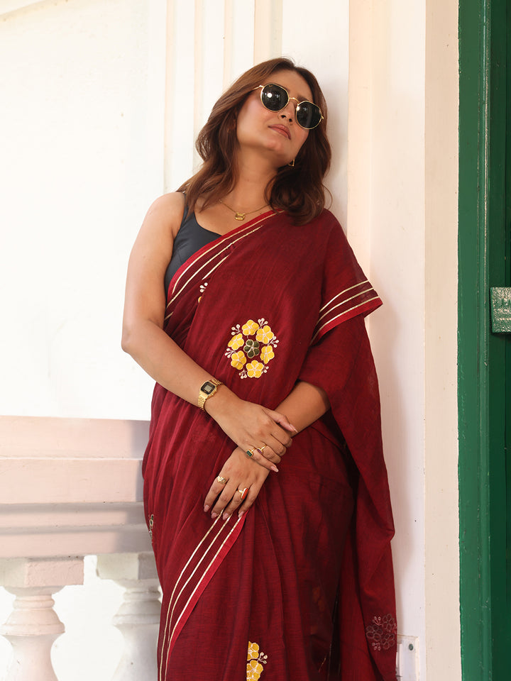 Brown Flower Mulmul Cotton Saree