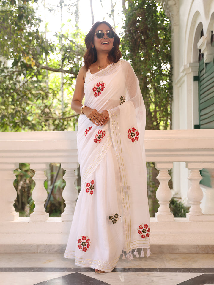 White Flower Mulmul Cotton Saree
