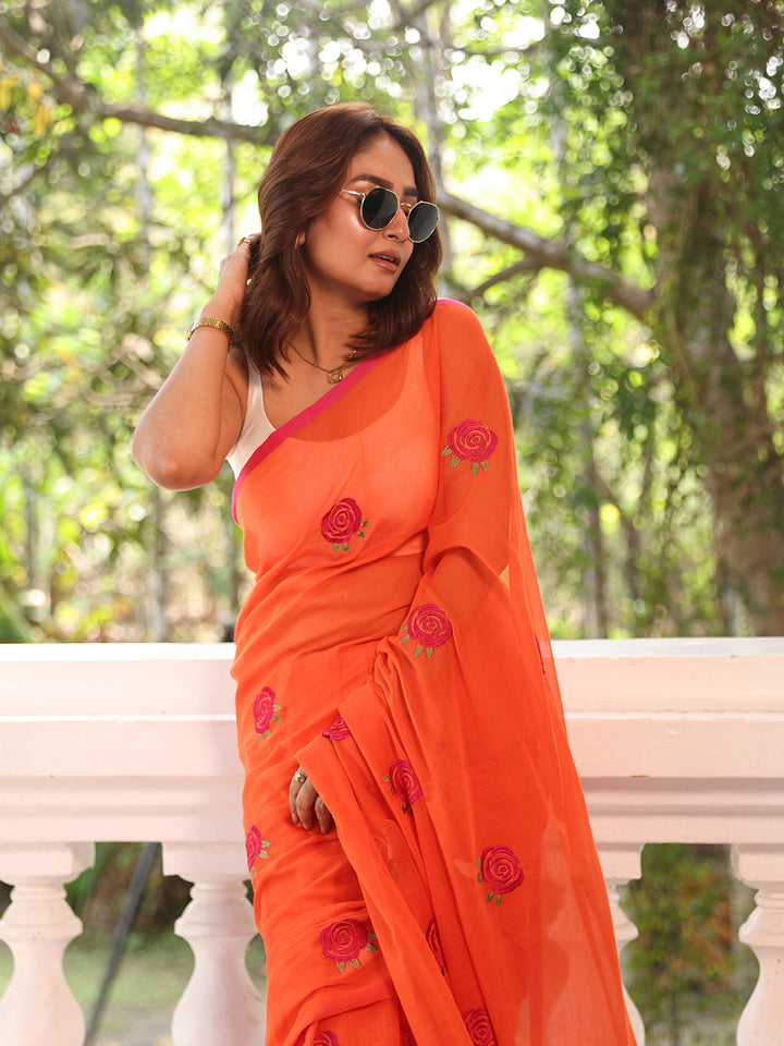 Orange Pink Rose Mulmul Cotton Saree